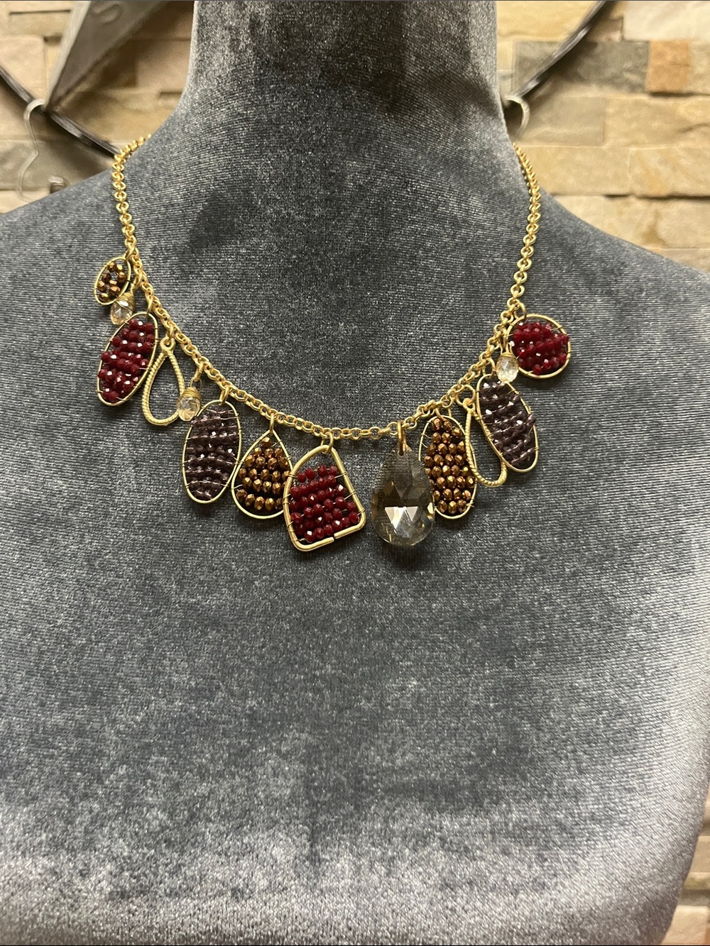 Youmik Gold-Tone Multi-Bead Charm Necklace in Burgundy, Brown & Amber